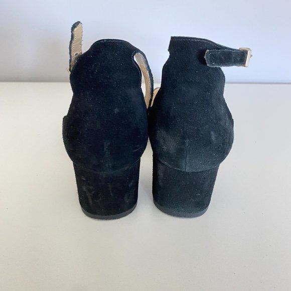 Sam Edelman Black Suede Ankle Strap Heels Scalloped Trim Size 6.5 - Picture 3 of 7